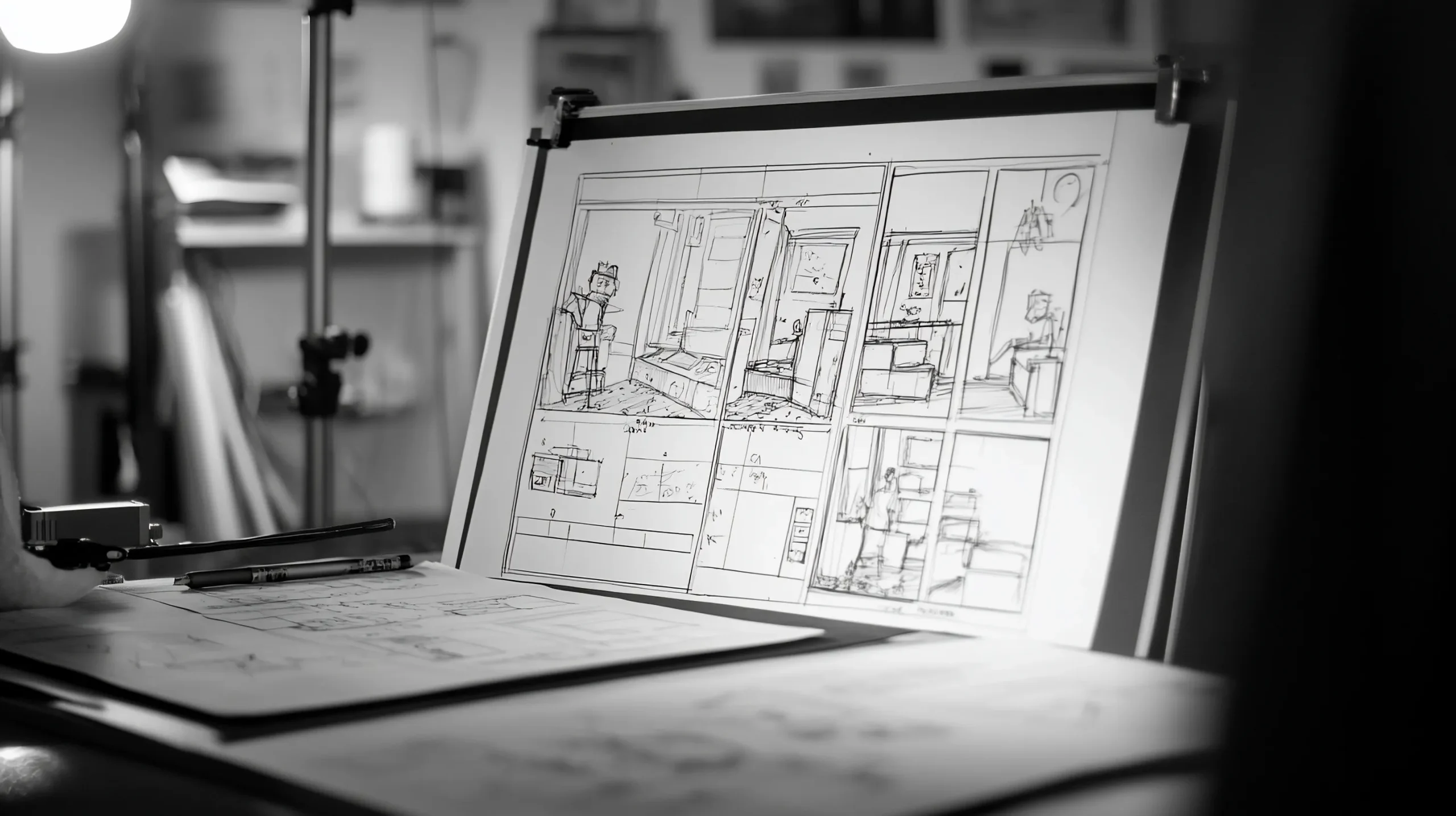 black-white-image-architectural-sketches-displayed-easel-design-studio